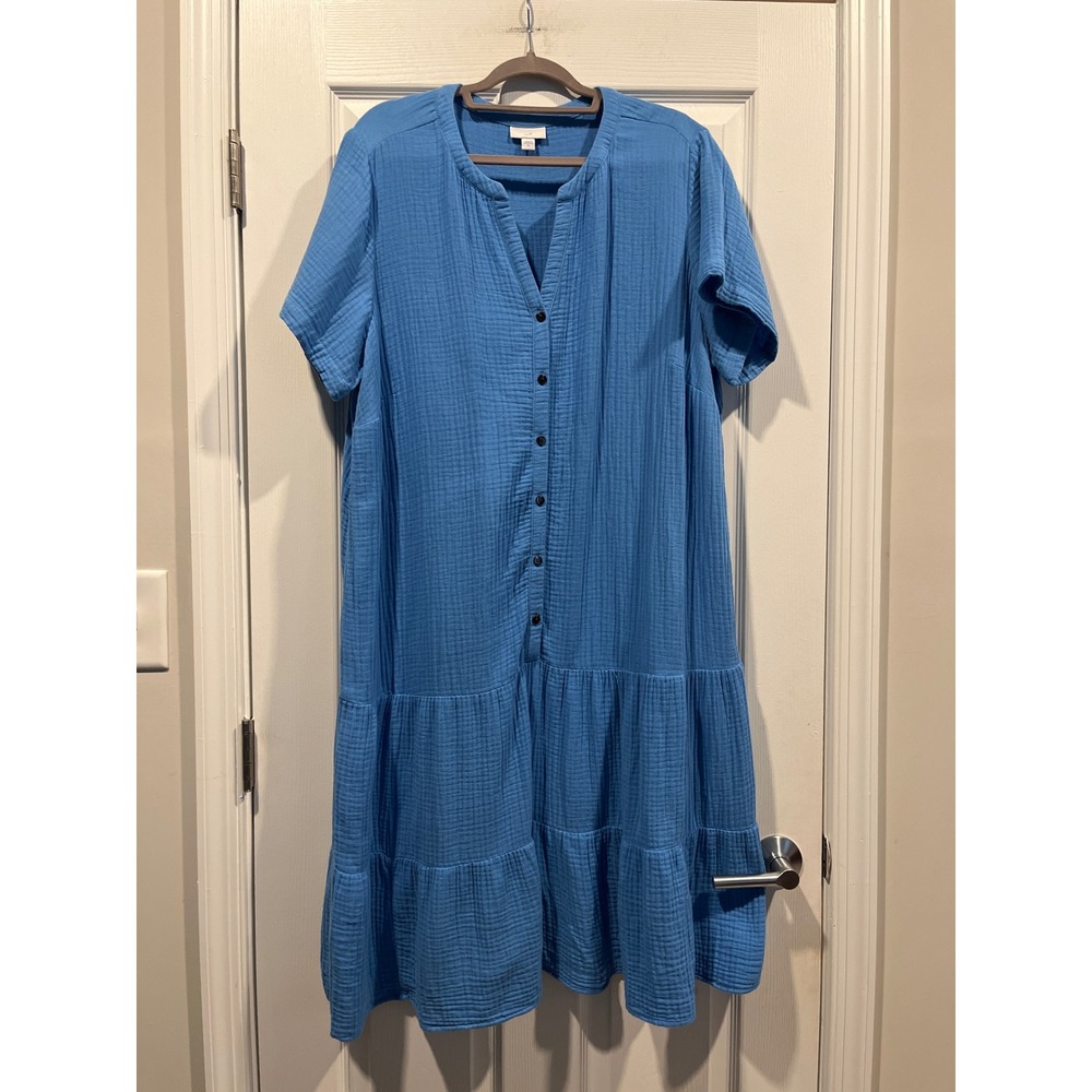 J. Jill Pure Jill Blue Cotton Gauze Tiered Button Front Dress XL Short Sleeve